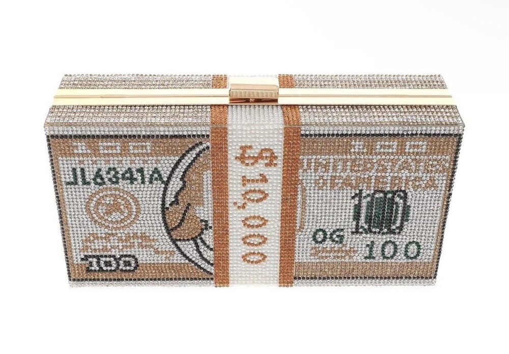 Gold Tone Rhinestone 10K Money Clutch Purse Crystal Dollar Bill Evening Bag